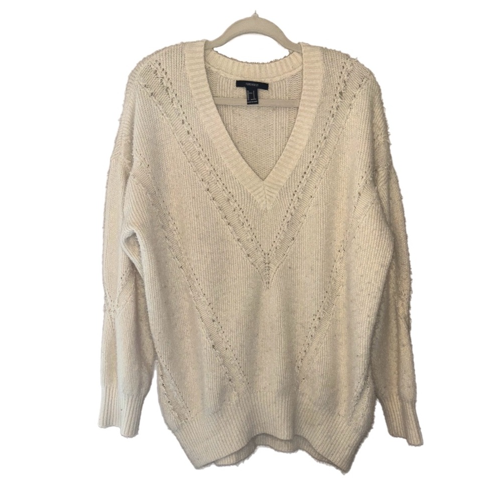Forever 21 Cream V-Neck Oversized Sweater